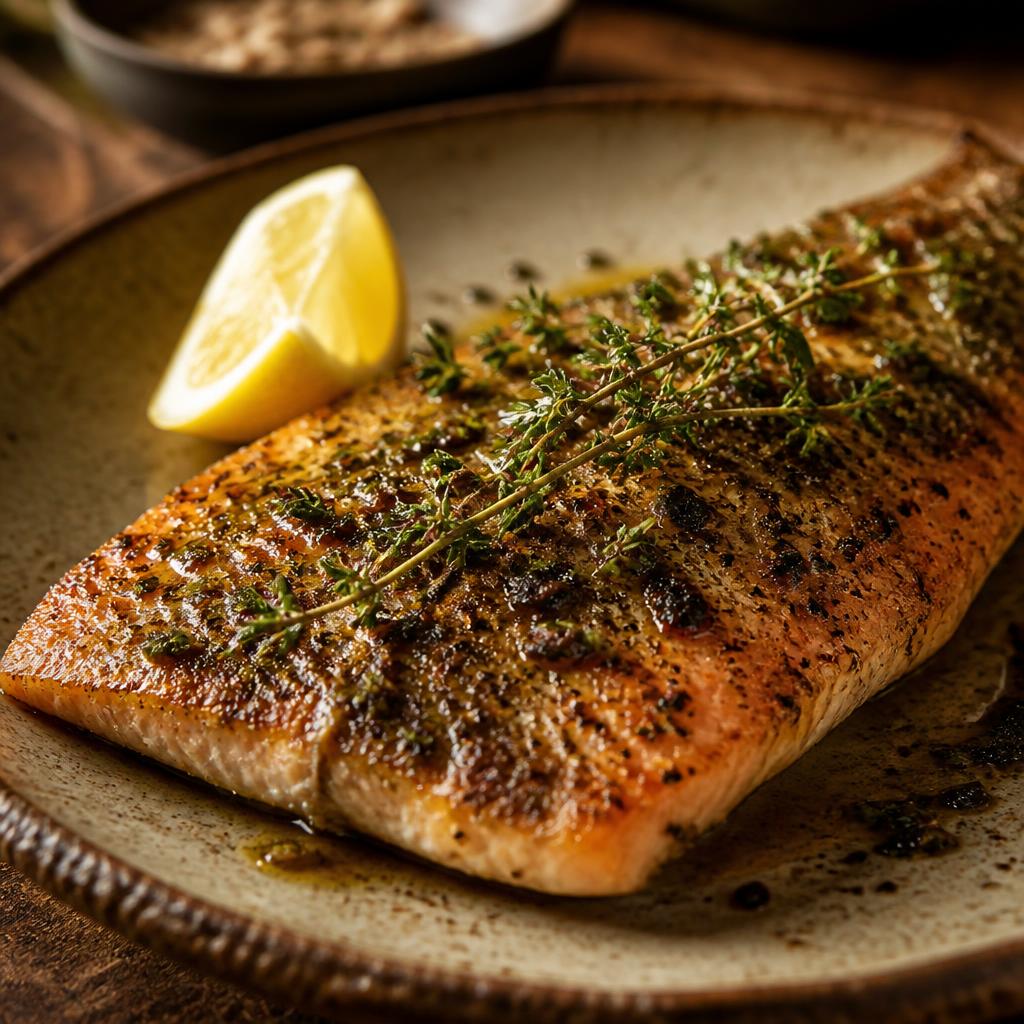 Grilled rainbow trout fillet with lemon and fresh herbs